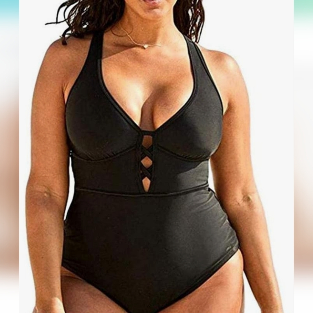 Plus Size One Piece Swimsuit Sexy Plunge Neck‎ SZ 4XL black NWOT